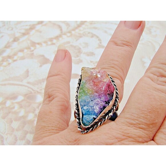 Ametrine Ring Rough Cut Crystal Stone 925 Marked Sterling Silver Plated Size 8 - Picture 8 of 12